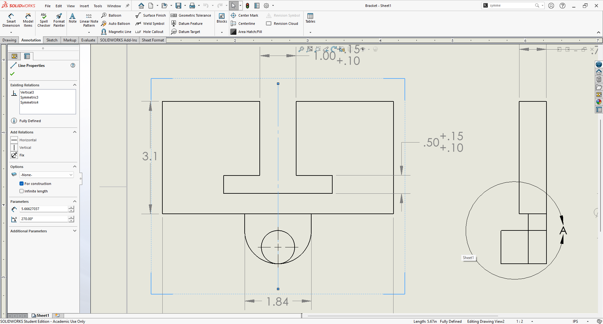 SolidWorks Drawing: Symmetry Line